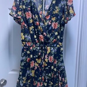 ROW A Floral Romper Navy Blue Boho Flutter Sleeve